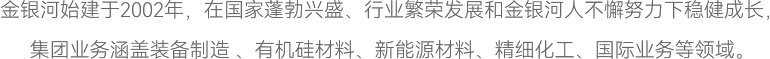 金銀河始建于2002年，在國(guó)家蓬勃興盛、行業(yè)繁榮發(fā)展和金銀河人不懈努力下穩(wěn)健成長(zhǎng)，
集團(tuán)業(yè)務(wù)涵蓋裝備制造 、有機(jī)硅材料、新能源材料、精細(xì)化工、國(guó)際業(yè)務(wù)等領(lǐng)域。